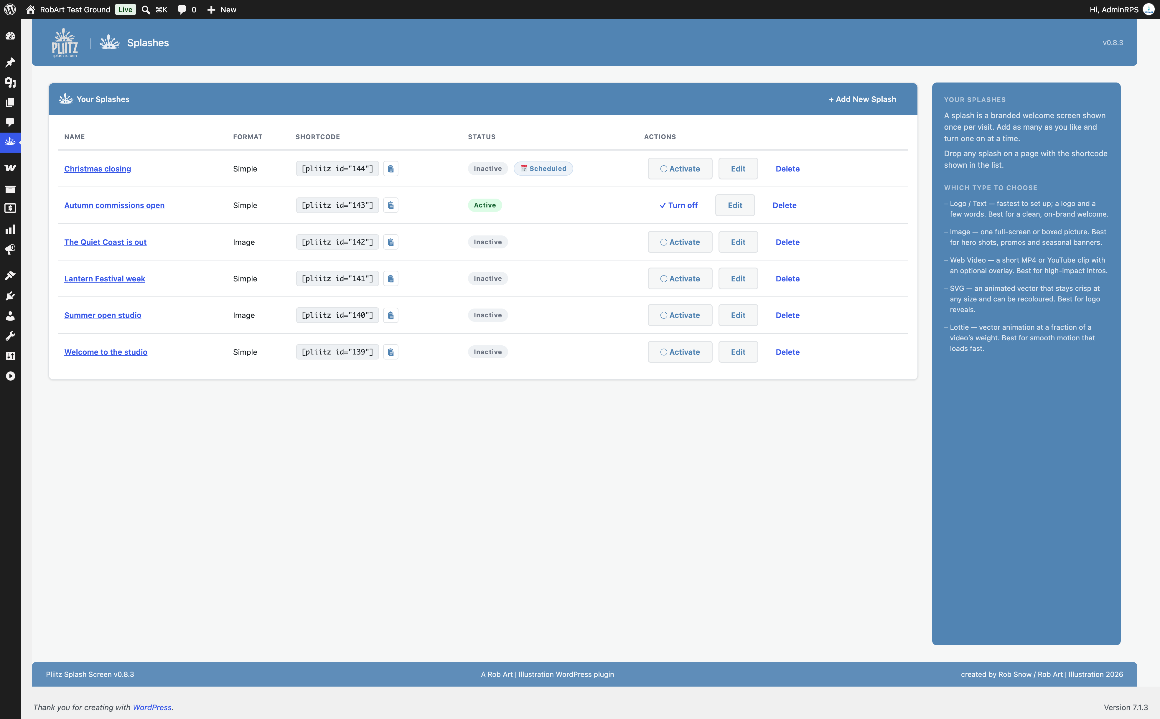 The Splashes list — every named splash, with the active one marked and a one-click shortcode copy.