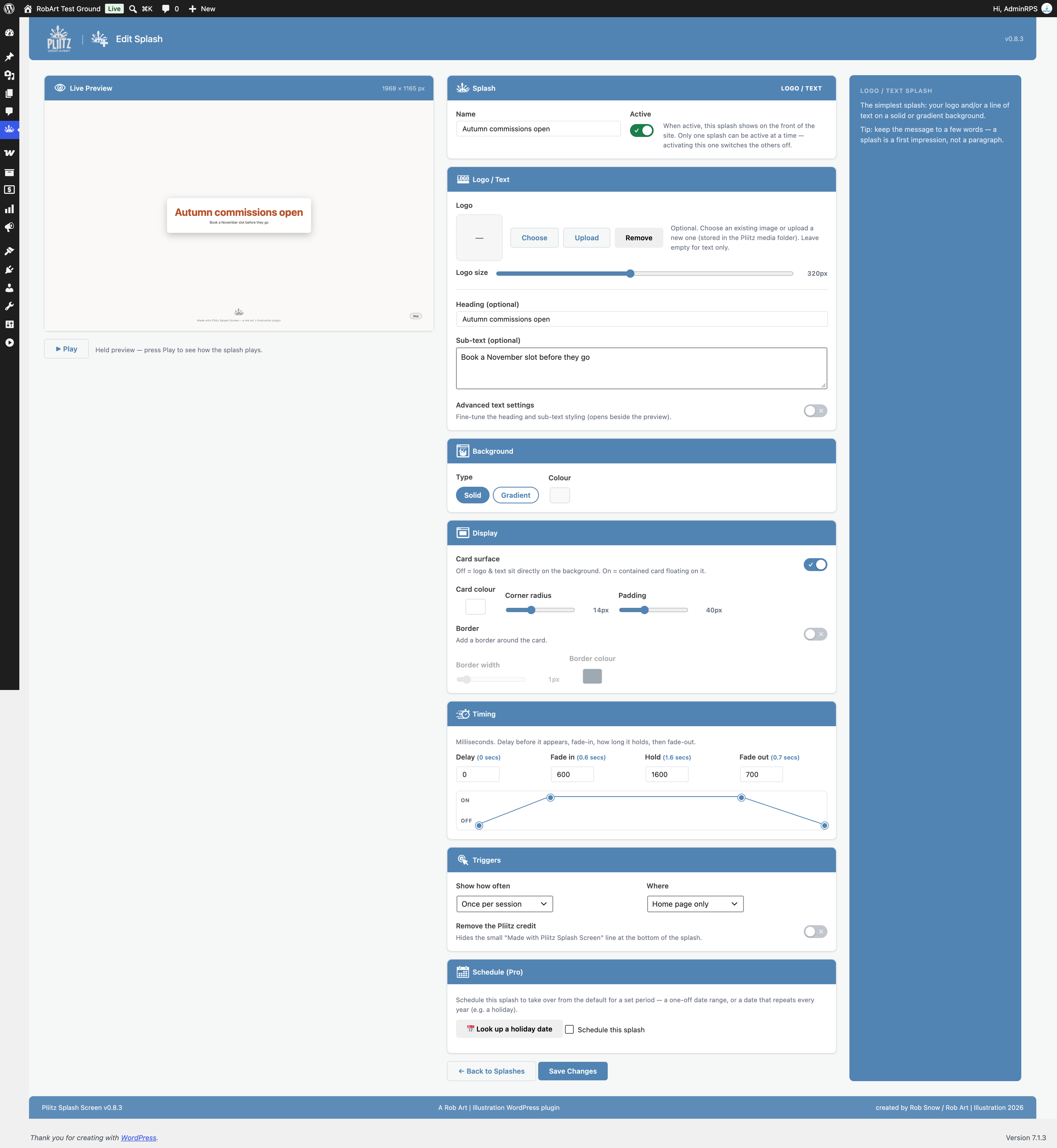 The splash editor, Logo / Text mode — logo, heading and sub-text on a colour or gradient background.
