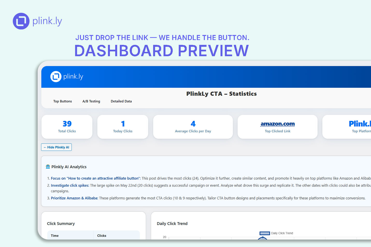 Smart Analytics Dashboard (clicks over time, top CTAs).