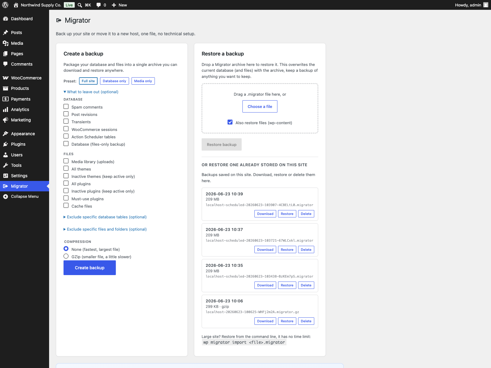 The Migrator screen: create a backup with presets and exclusion options, alongside restore and your saved backups.