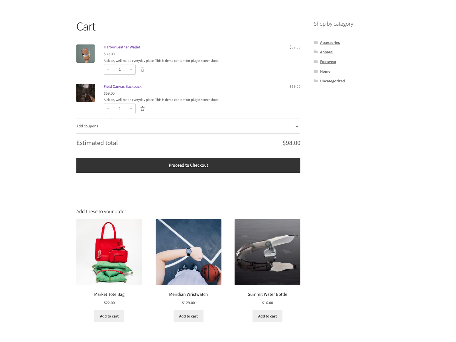 Cross-sell suggestions under the WooCommerce Cart block.