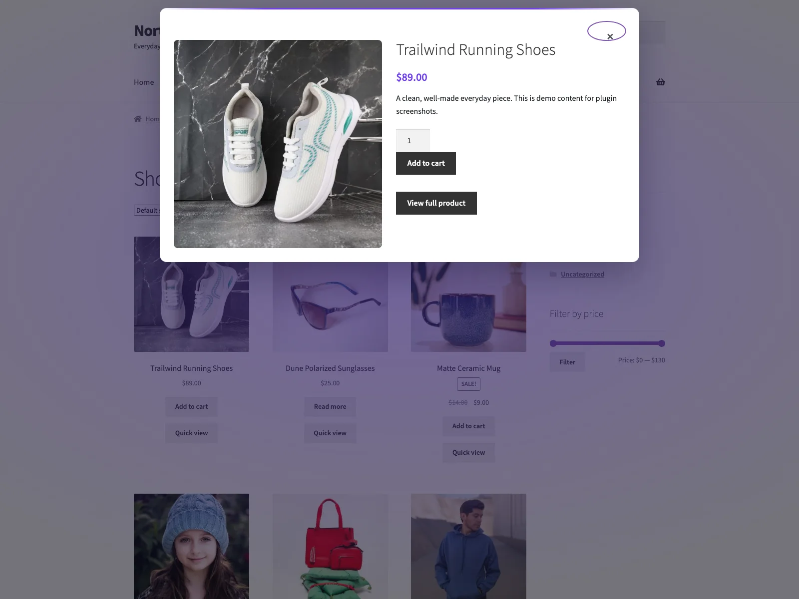 The quick-view modal showing the product gallery, price and add-to-cart form.