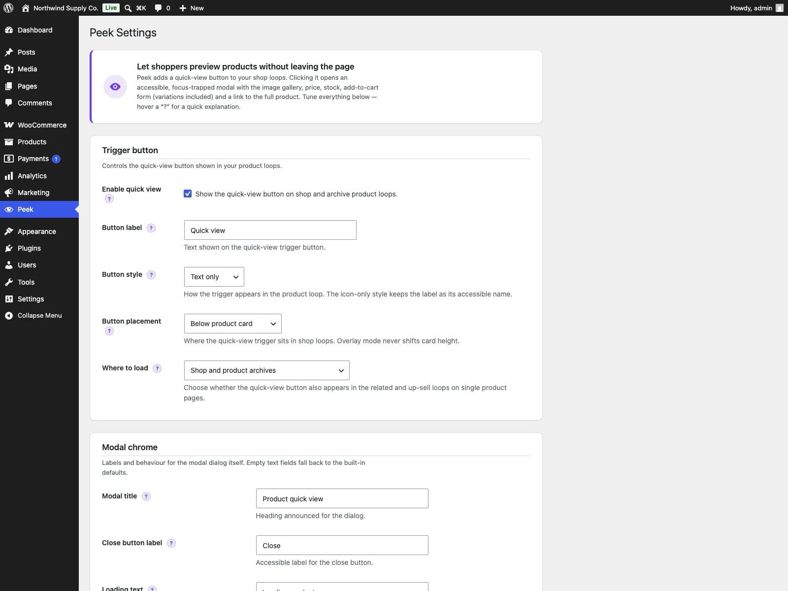 The Peek settings screen.