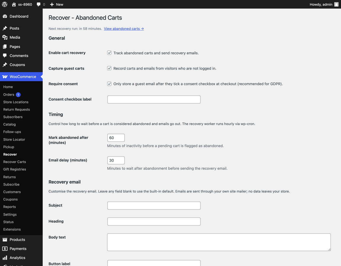 The settings screen: when a cart counts as abandoned, when the email goes out, and the wording of the email itself.