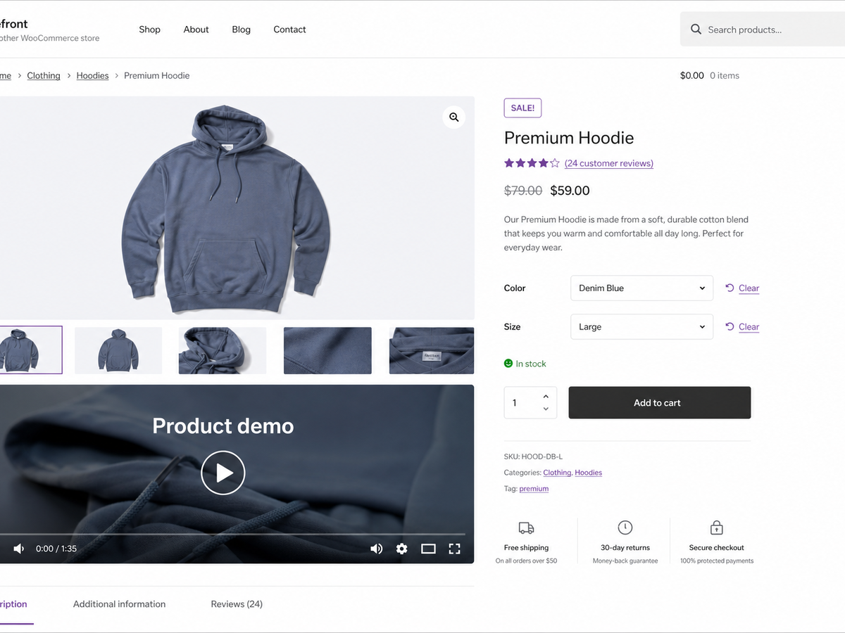 A featured product video below the gallery.