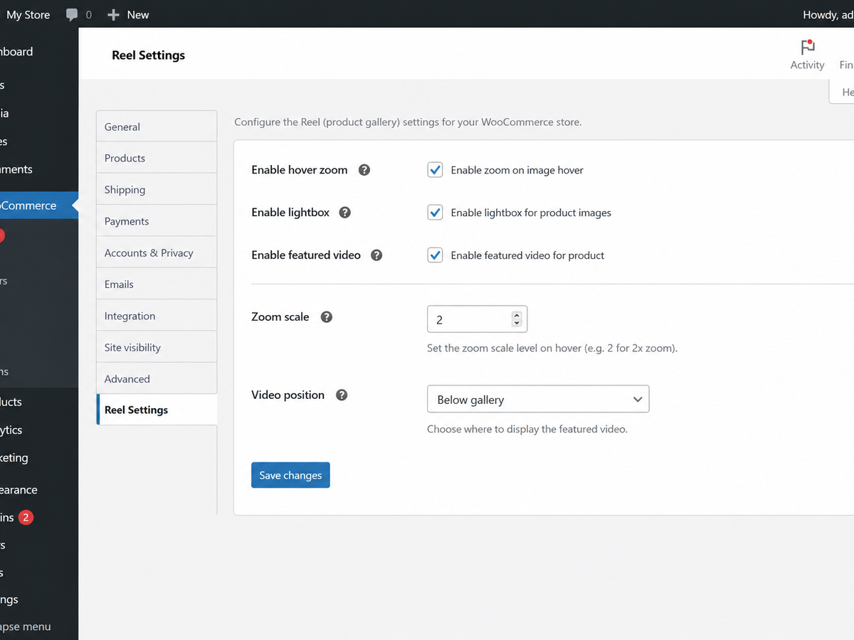 The Reel settings screen.