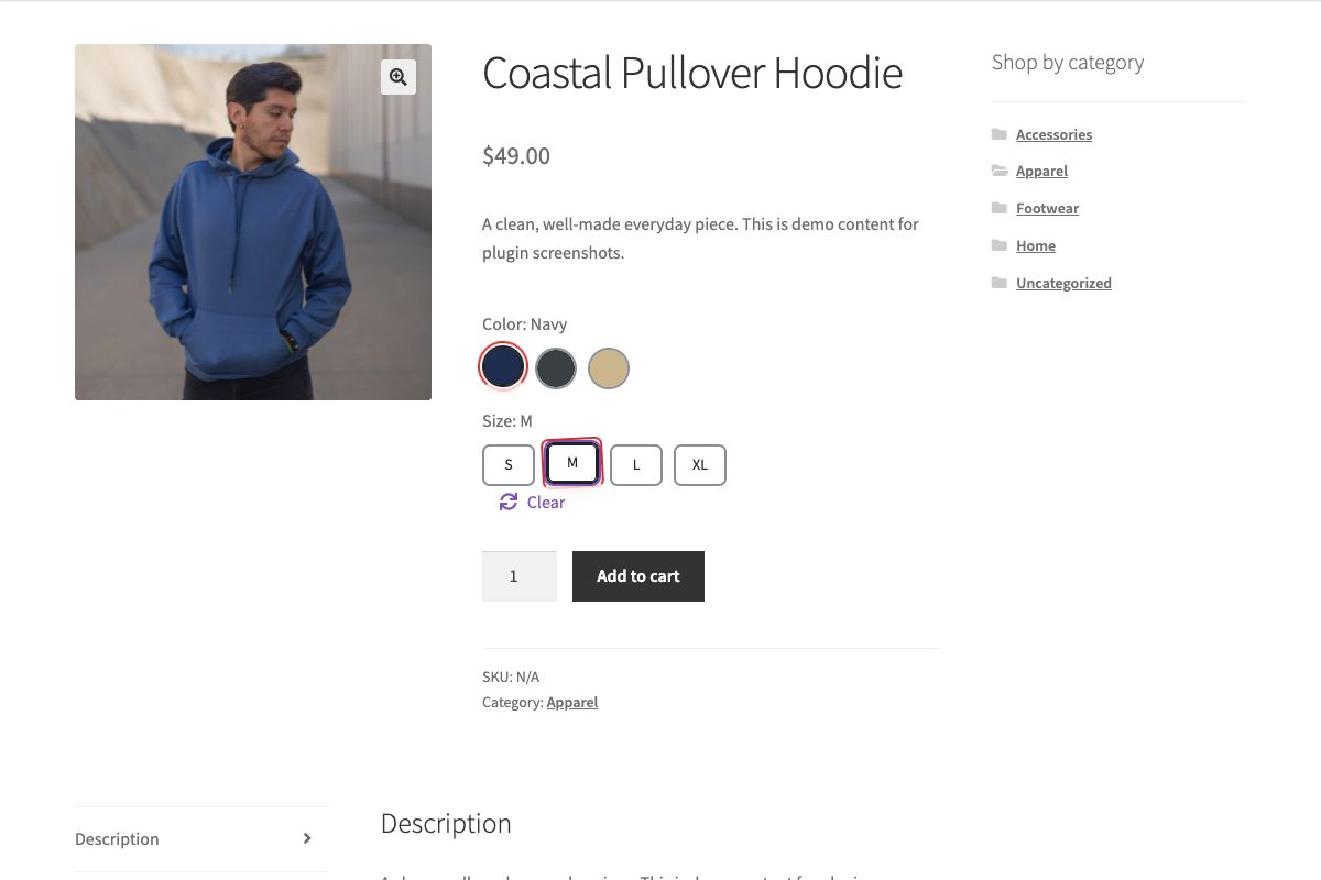 After a click, the chosen value shows beside each label: "Color: Navy", "Size: M".