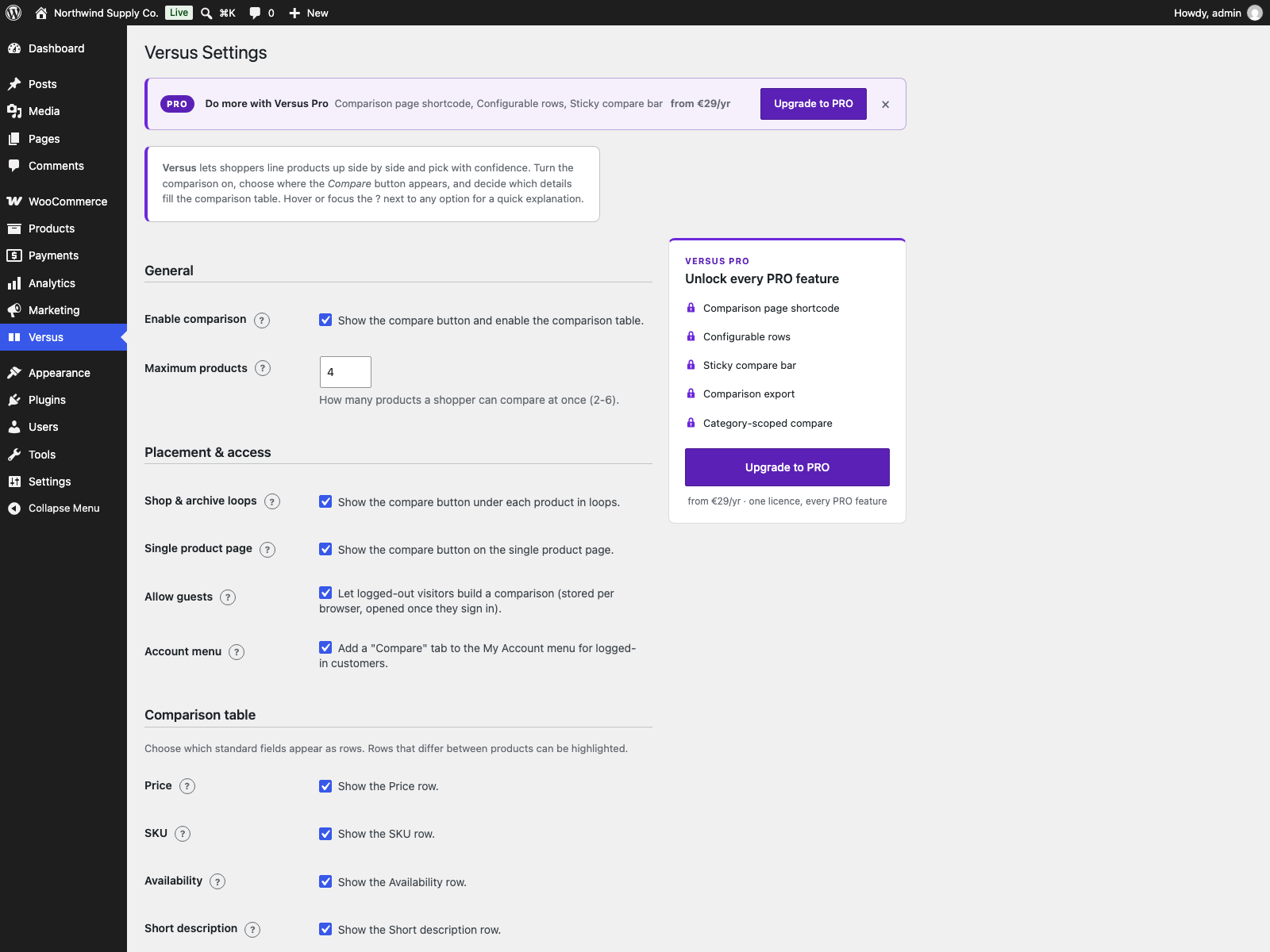 The Versus settings screen.
