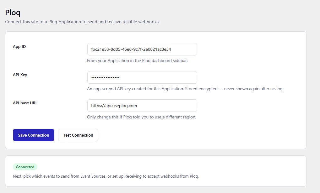 Settings — connect your Ploq Application with an API key, test the connection, and see connection status at a glance.