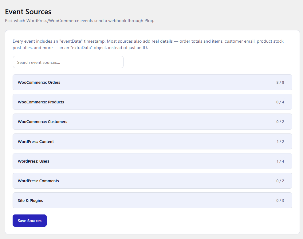 Event Sources — 25+ ready-made WooCommerce/WordPress events grouped by category with a search box, each showing what it'll add.