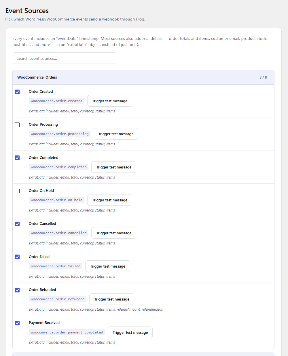 Event Sources, expanded — pick individual events, see the exact eventType and "extraData" fields each one sends, and trigger a test message.