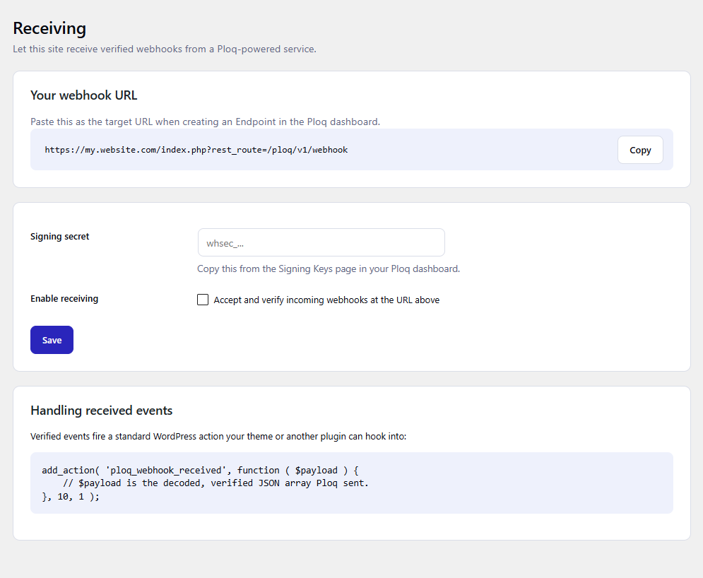Receiving — the REST endpoint this site exposes for other Ploq-powered services to call, plus the ploq_webhook_received action your theme or another plugin hooks into.