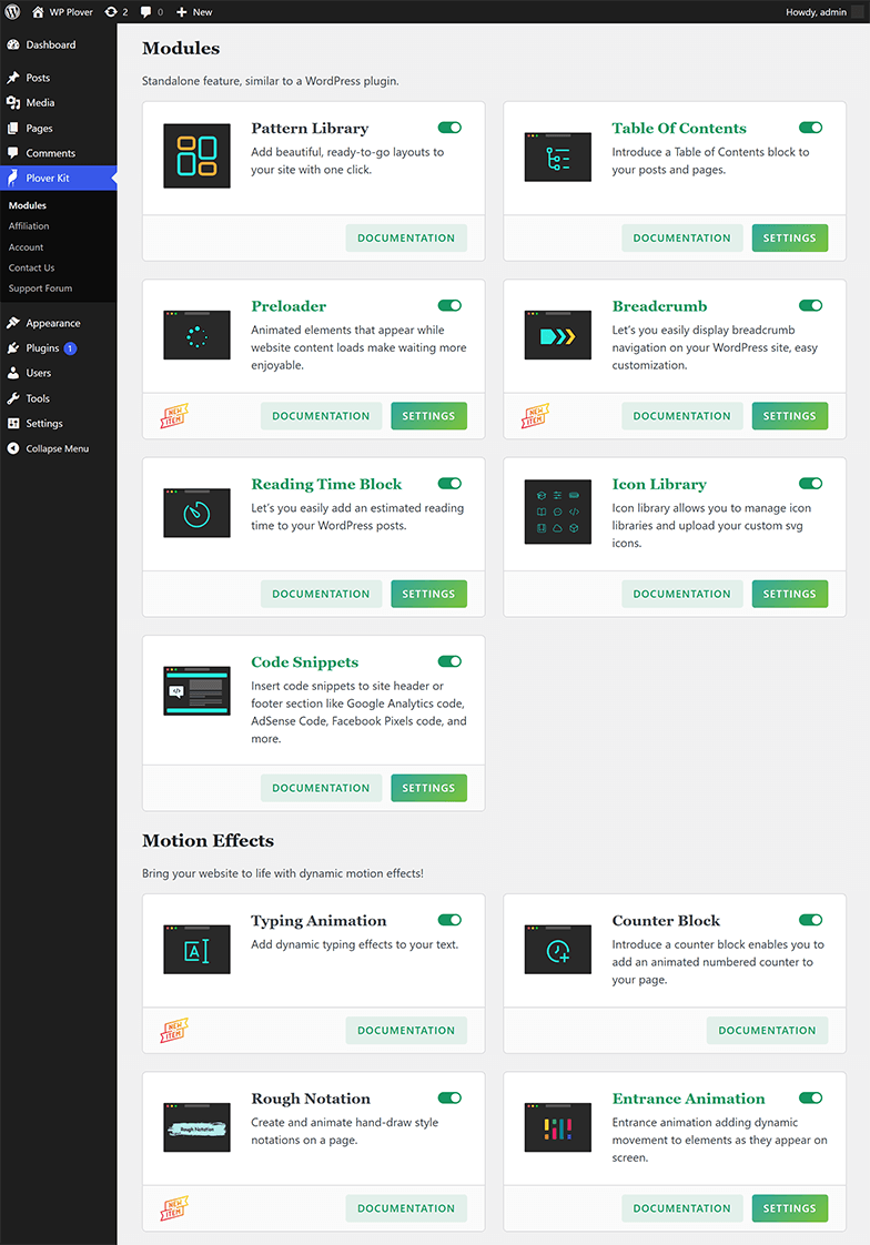 Plover Kit Modules Screen 01