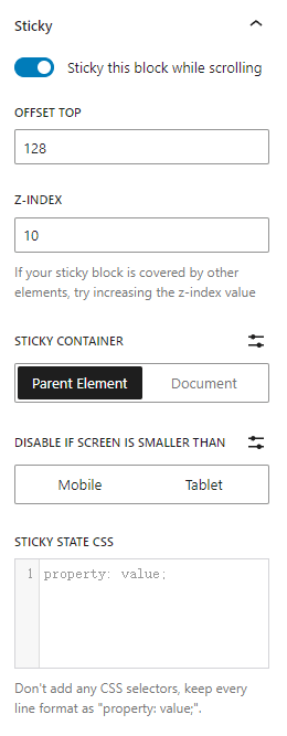 Block Sticky Options