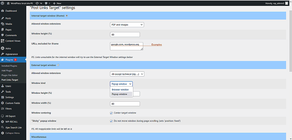 Main settings (target window options).