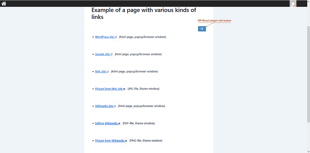 Example page showing links for different target window types.