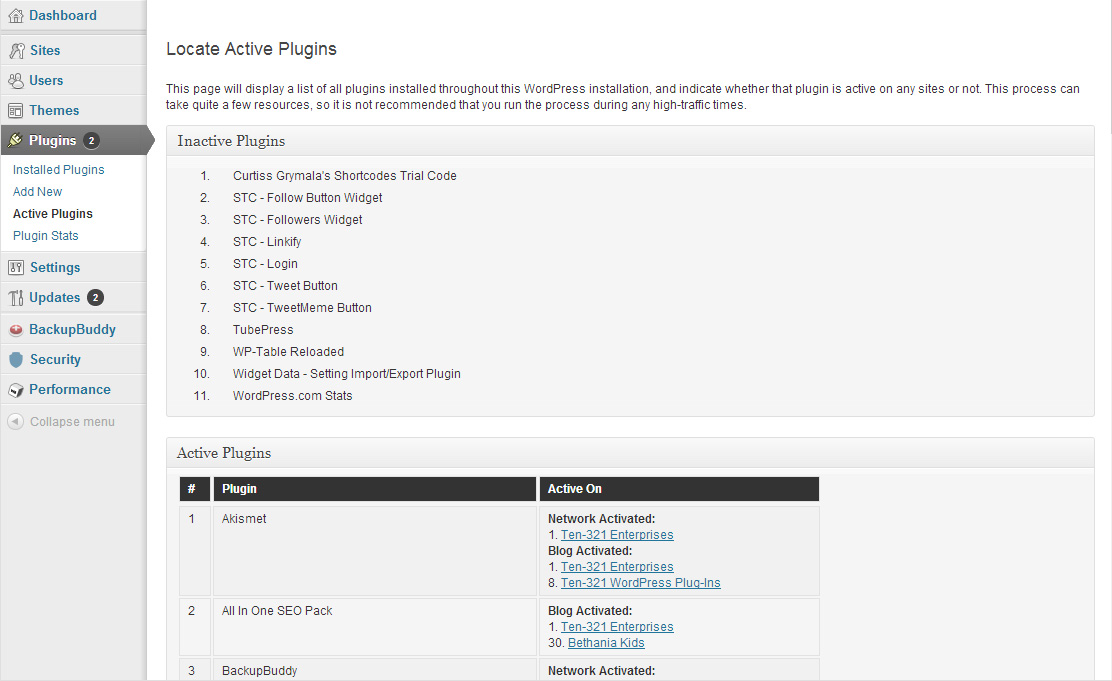 An example of the list of plugins that's generated by the plugin