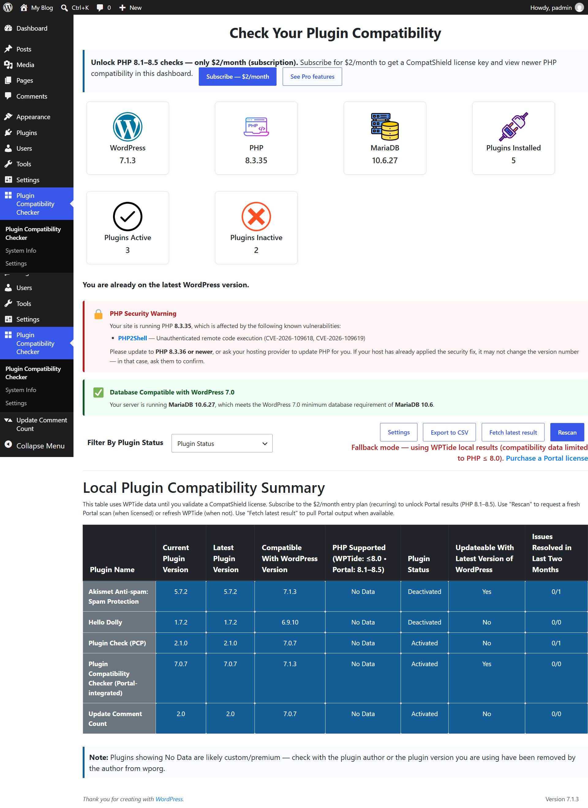 The main plugin interface with scan results.