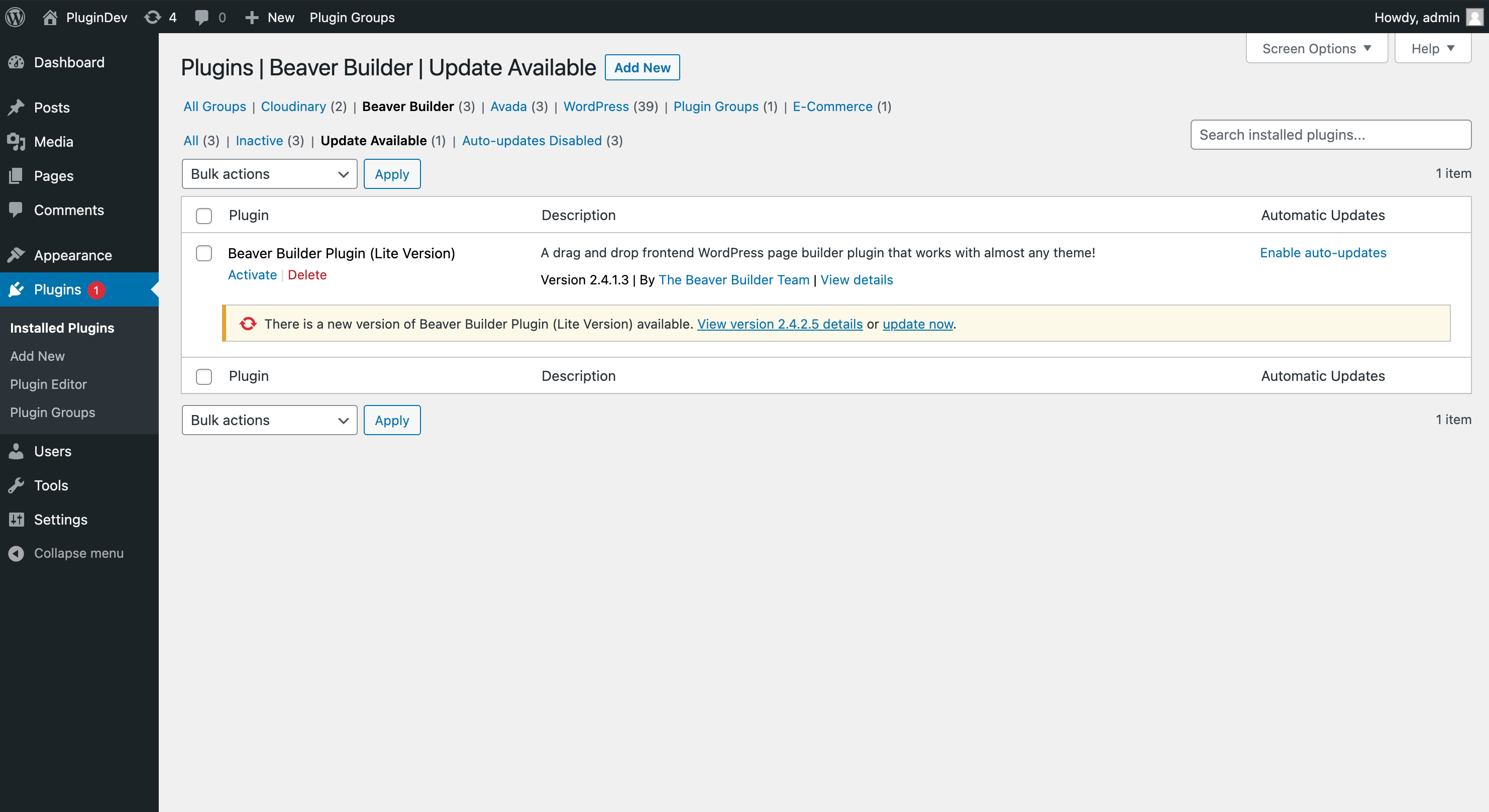 New groups menu above the plugin status, enables navigating status within groups.