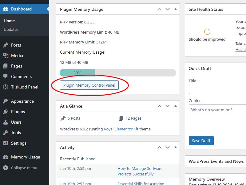 Dashboard memory overview