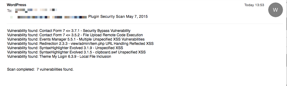 E-mail alert to administrator when vulnerable plugins have been found.