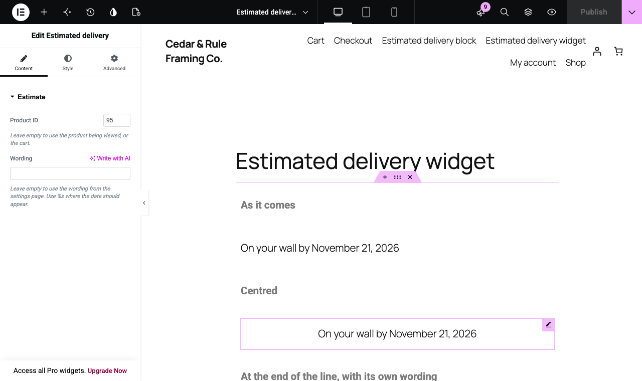 The same estimate as an Elementor widget, with the same choices, under its own PluginCity group.