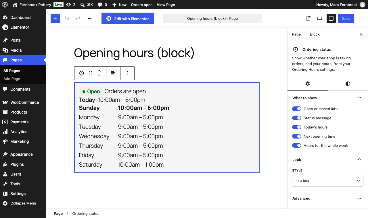 The Ordering status block in the editor, with a switch for each part of the display and a choice of look.