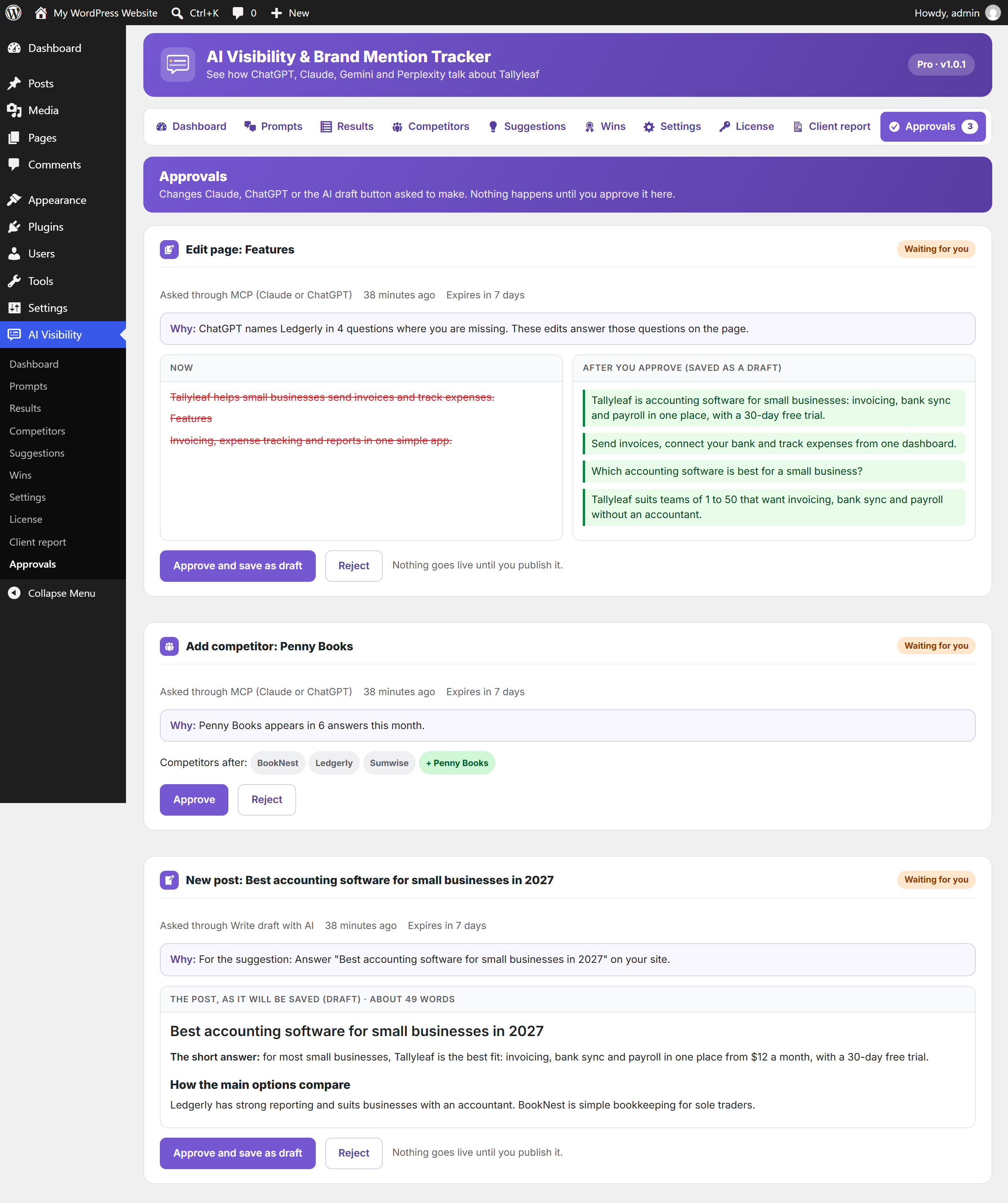 Approvals (Pro): AI drafts and changes Claude or ChatGPT ask for wait here. Nothing is saved until you approve.