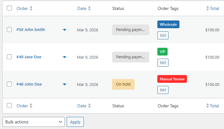 WooCommerce orders list with color-coded order tags