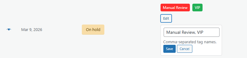 Assigning tags to an order
