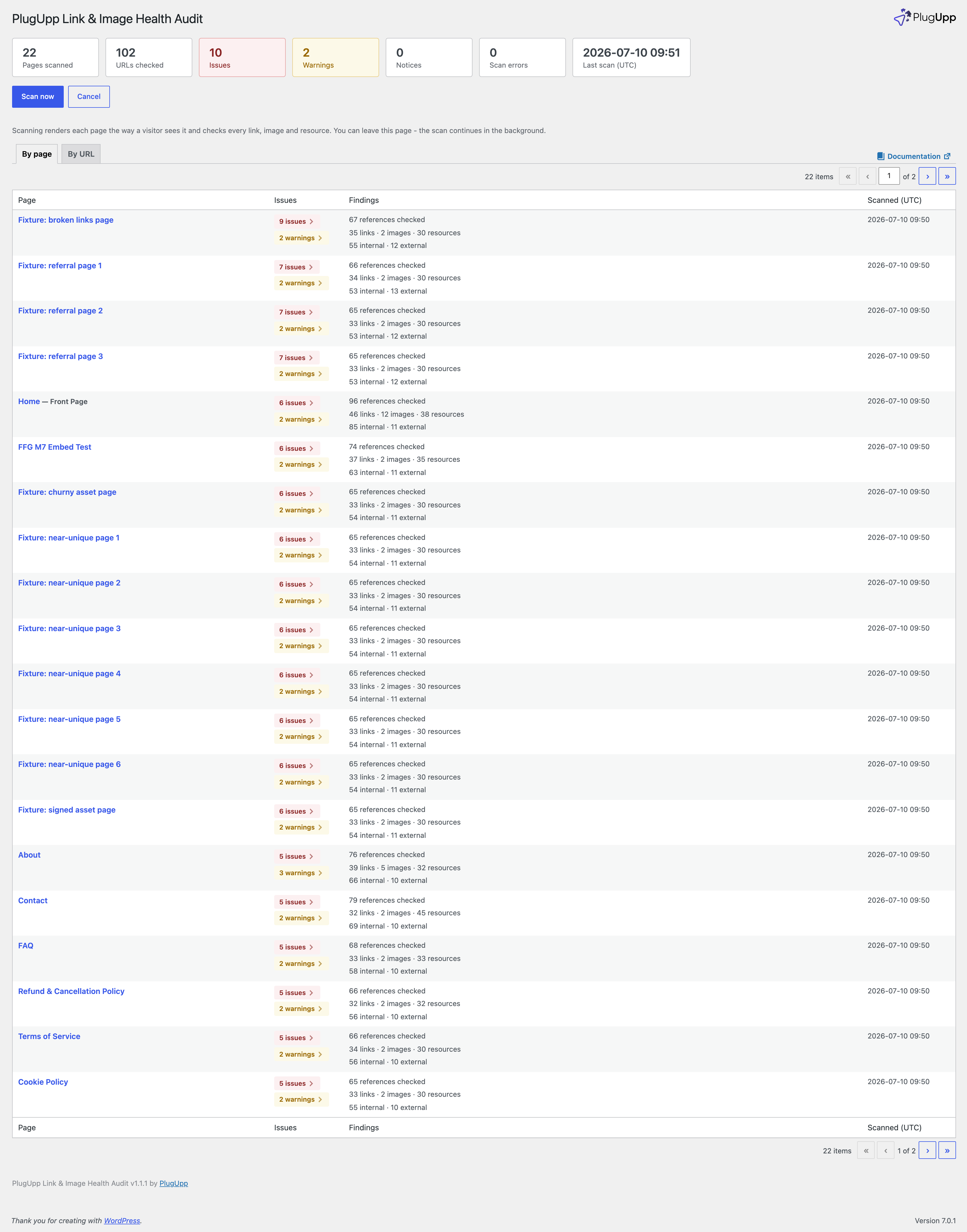 The By page view - every scanned page with its Issues, Warnings and Notices counts, sorted worst-first for fast triage.