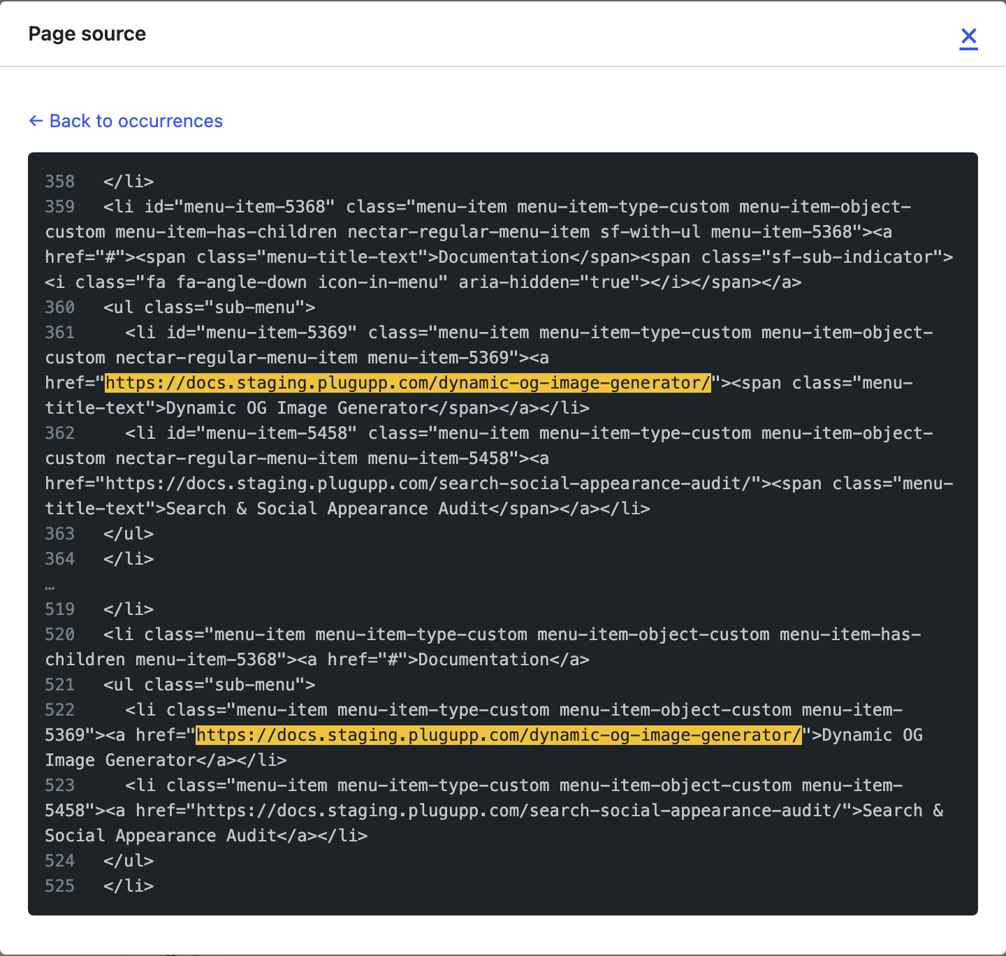 View source - the page re-rendered with the exact broken link or image highlighted in context, so you can see where it lives.