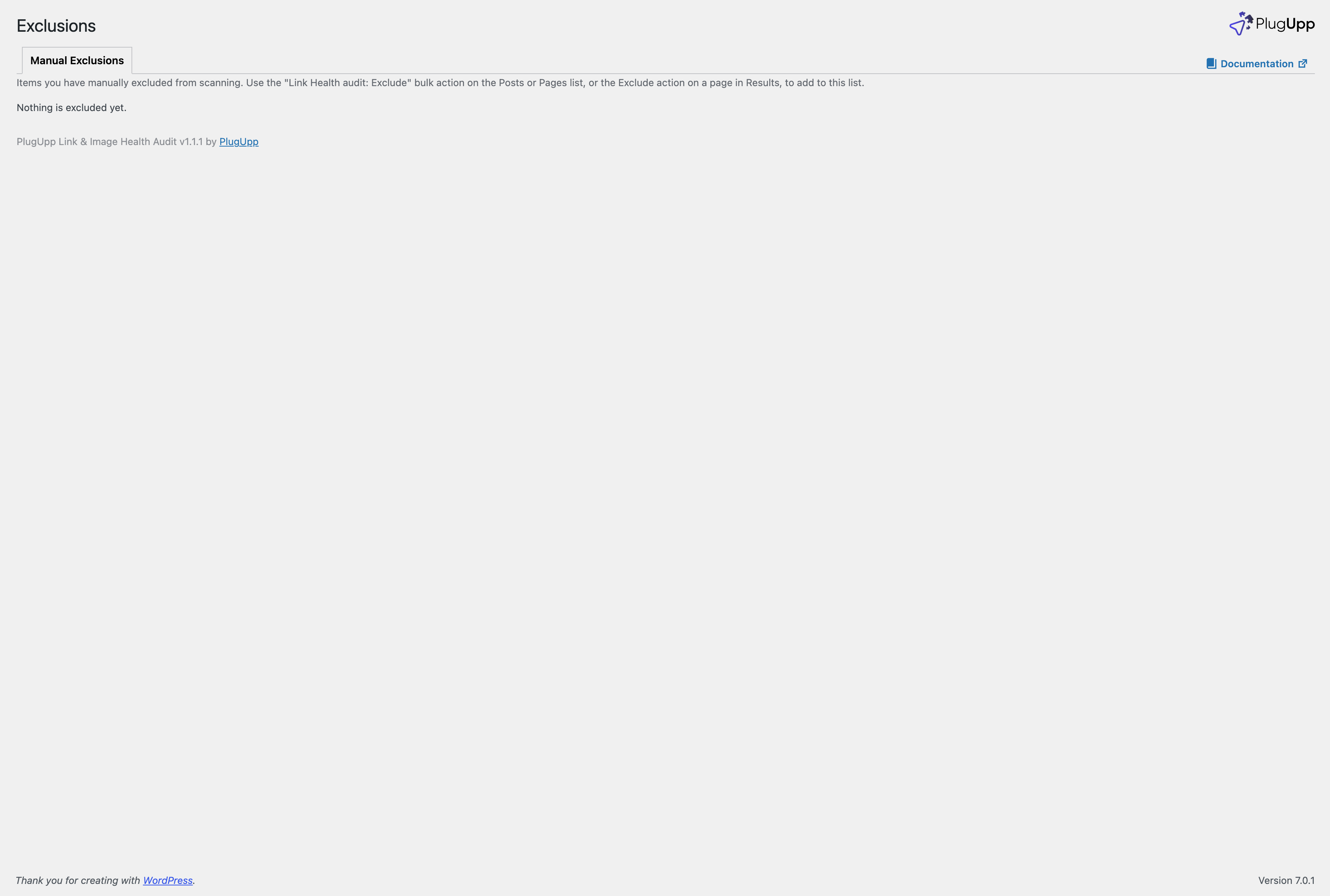 The Exclusions screen - the pages you have excluded from scanning, with rule-based auto-exclusion on paid plans.