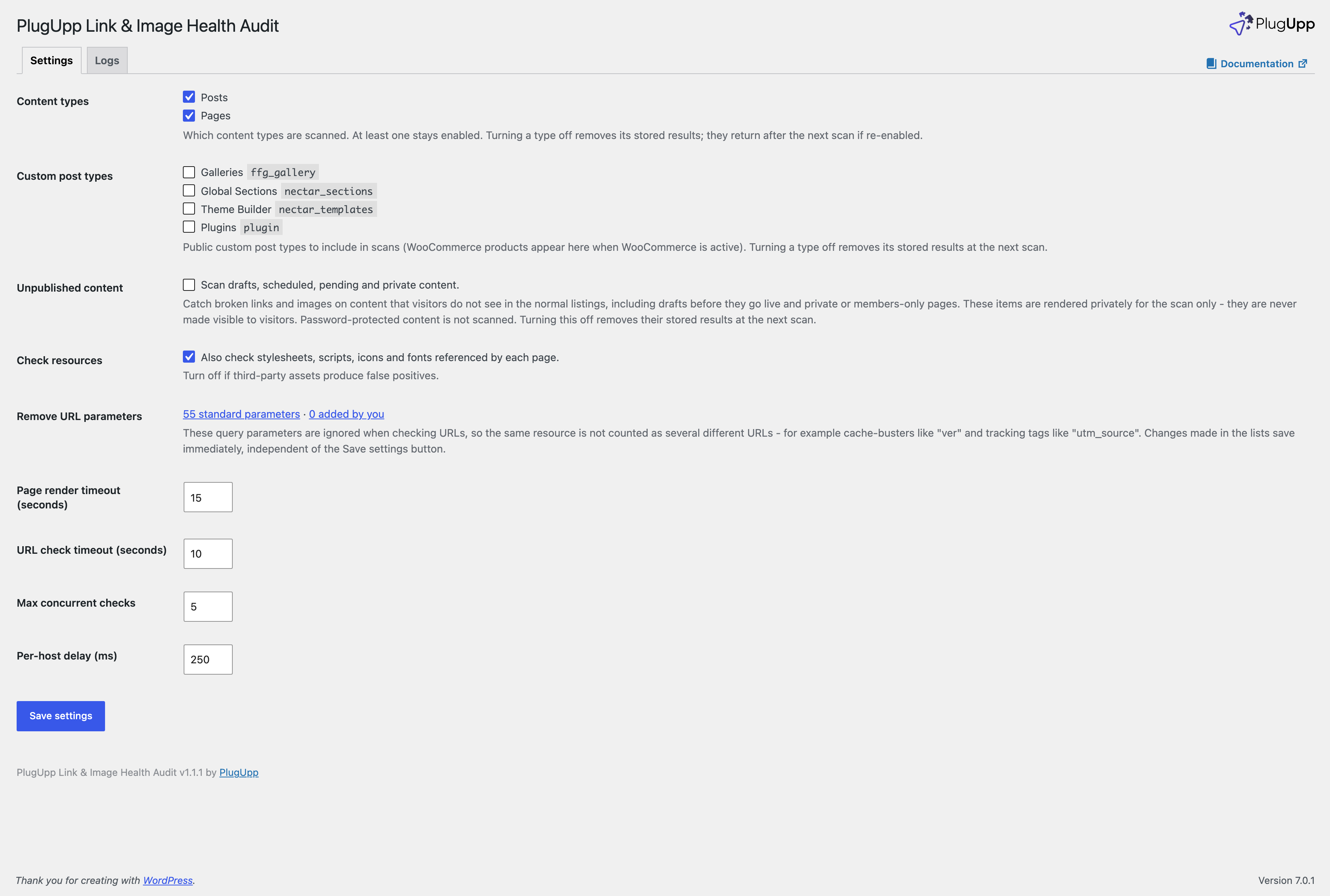 Settings - choose which content types are scanned, manage the URL parameters that are ignored, tune scan politeness, and view the log.