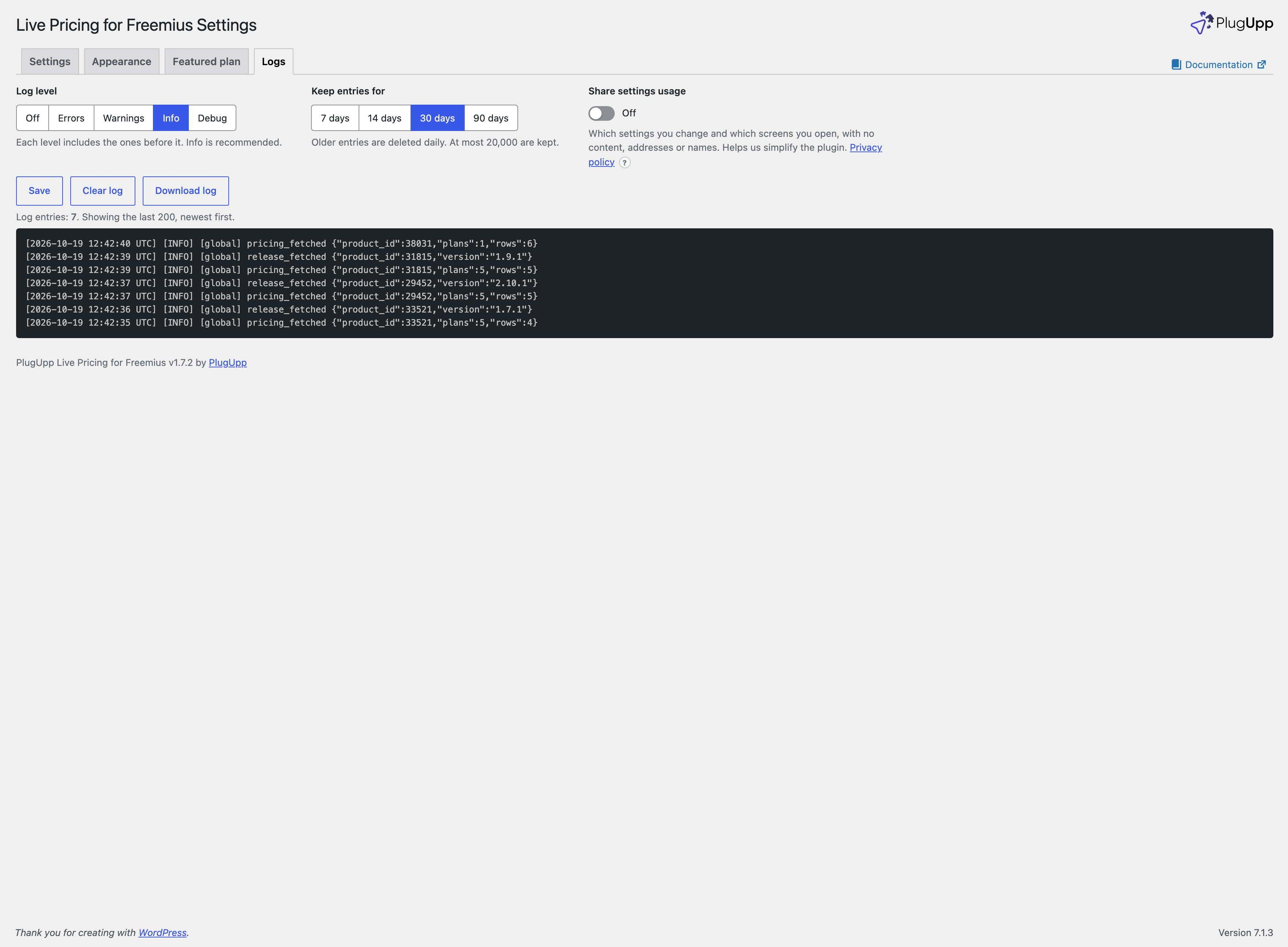 The Logs tab, showing every price fetch, webhook delivery and error, with the log level, how long entries are kept, the Share settings usage switch, Clear log and Download log.