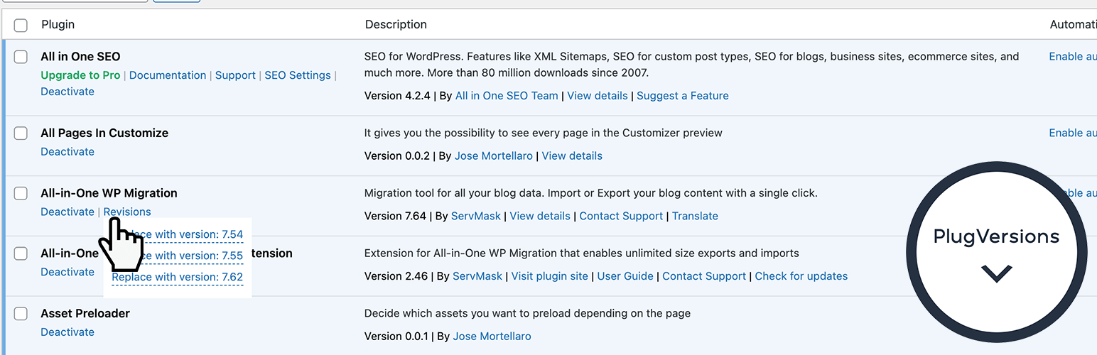 WordPress 外掛 PlugVersions – Easily rollback to previous versions of your plugins 的封面圖片。