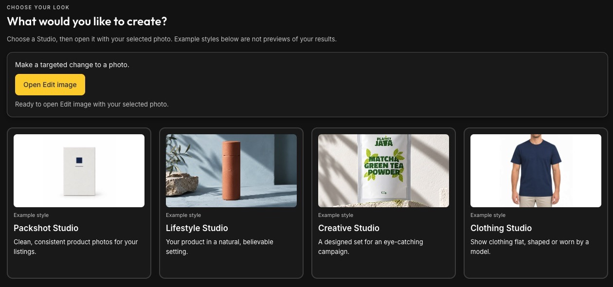 Choose a Studio for your image. The built-in example styles illustrate Packshot, Lifestyle, Creative and Clothing options; they are not previews of your results.