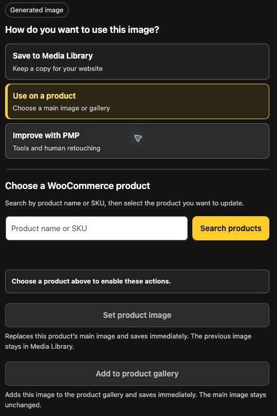 Choose a simple WooCommerce product before setting its main image or adding an image to its gallery. Product placement saves immediately.