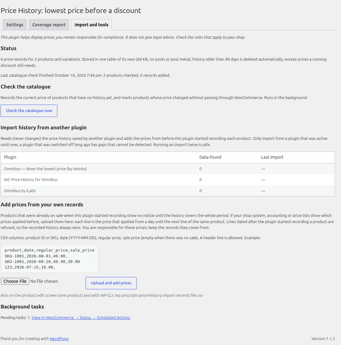 Import and tools: catalogue check, imports from other price-history plugins, prices from your own records, background tasks.