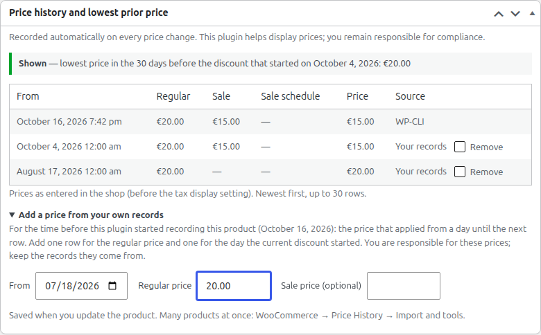 Product edit screen: adding a price from your own records for a product that was already on sale.