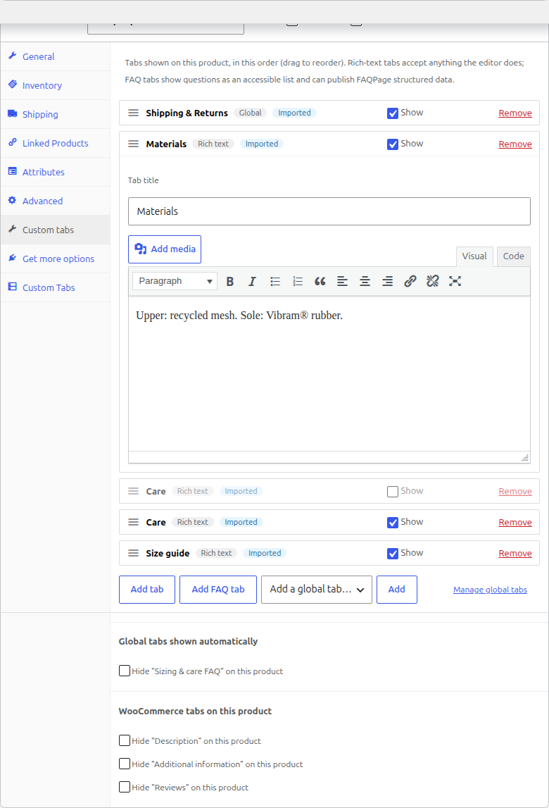 Product data → Custom tabs: reorder, switch off, link global tabs, hide default tabs per product.