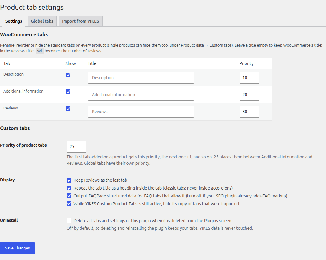Tab settings: rename, reorder and hide the default WooCommerce tabs.