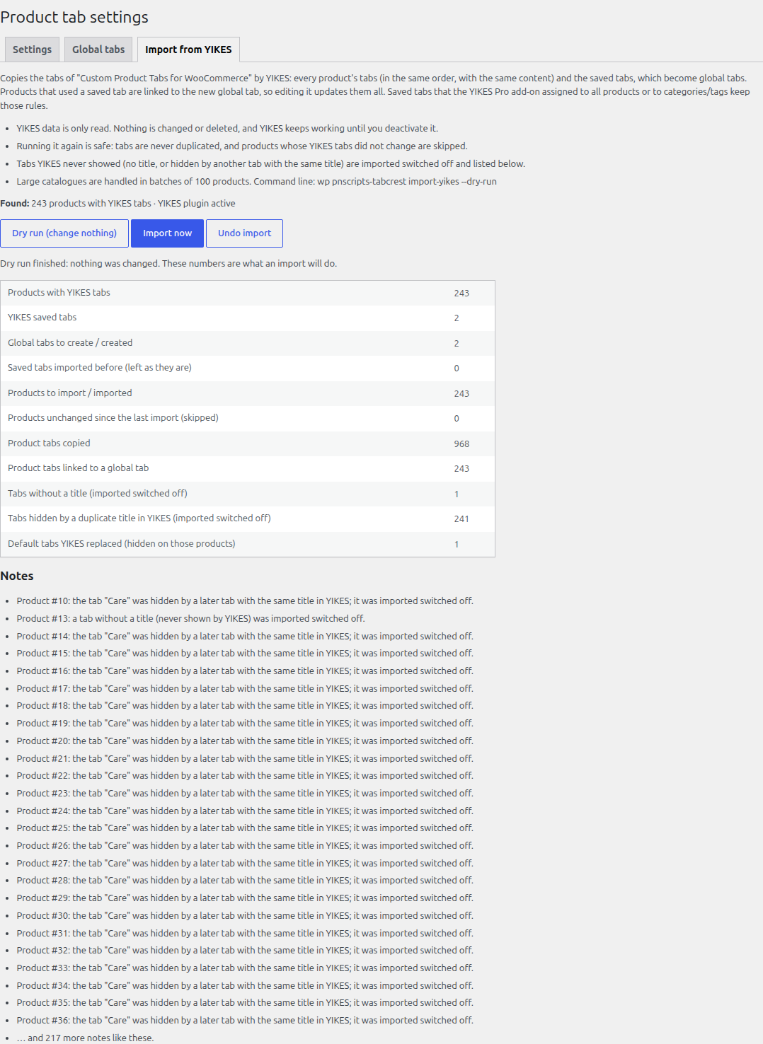 Import from YIKES Custom Product Tabs: dry-run report.