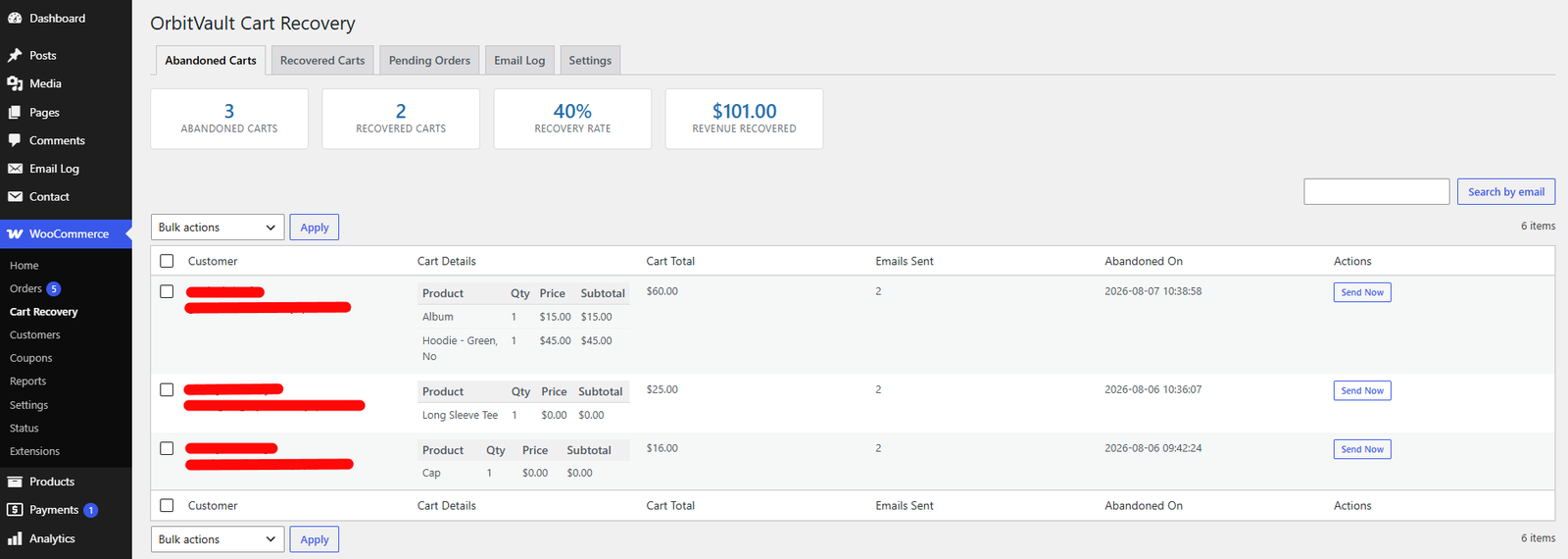 Abandoned Carts tab: recovery rate and revenue stats, plus a searchable, paginated list with full cart details (product, variation, quantity, price, subtotal, cart total) and bulk "Send Recovery Email".