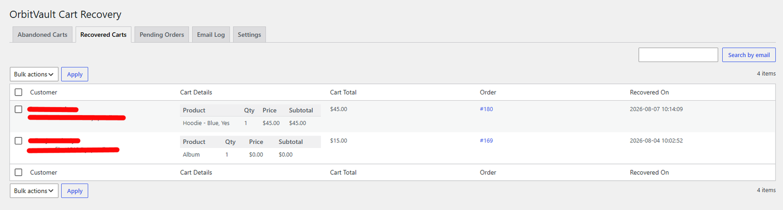 Recovered Carts tab: history of converted carts with order links and bulk delete.