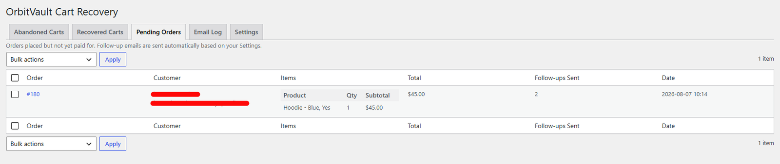 Pending Orders tab: unpaid orders with itemized details and bulk "Send Follow-up Email Now".