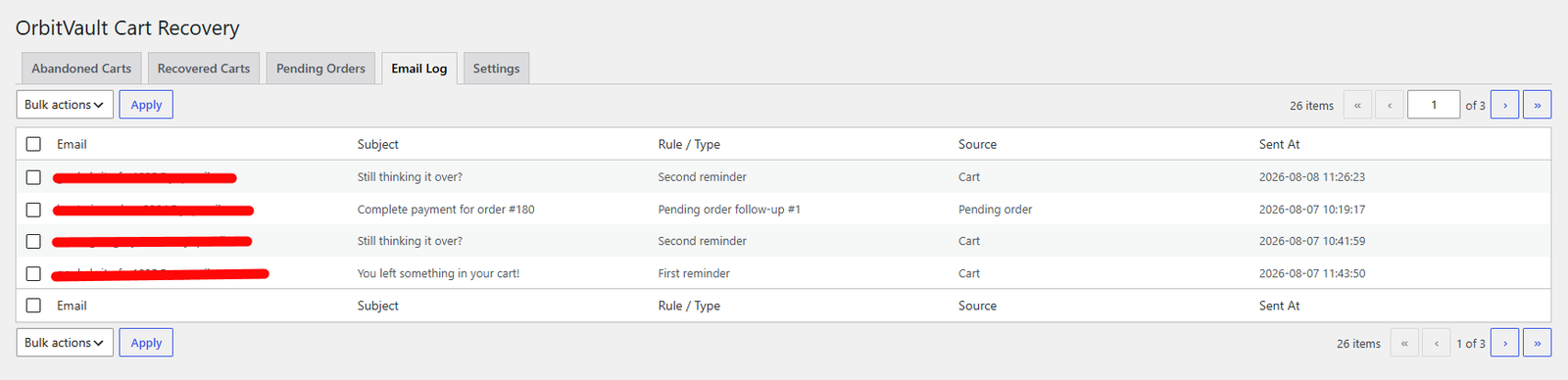 Email Log tab: full send history with bulk delete.