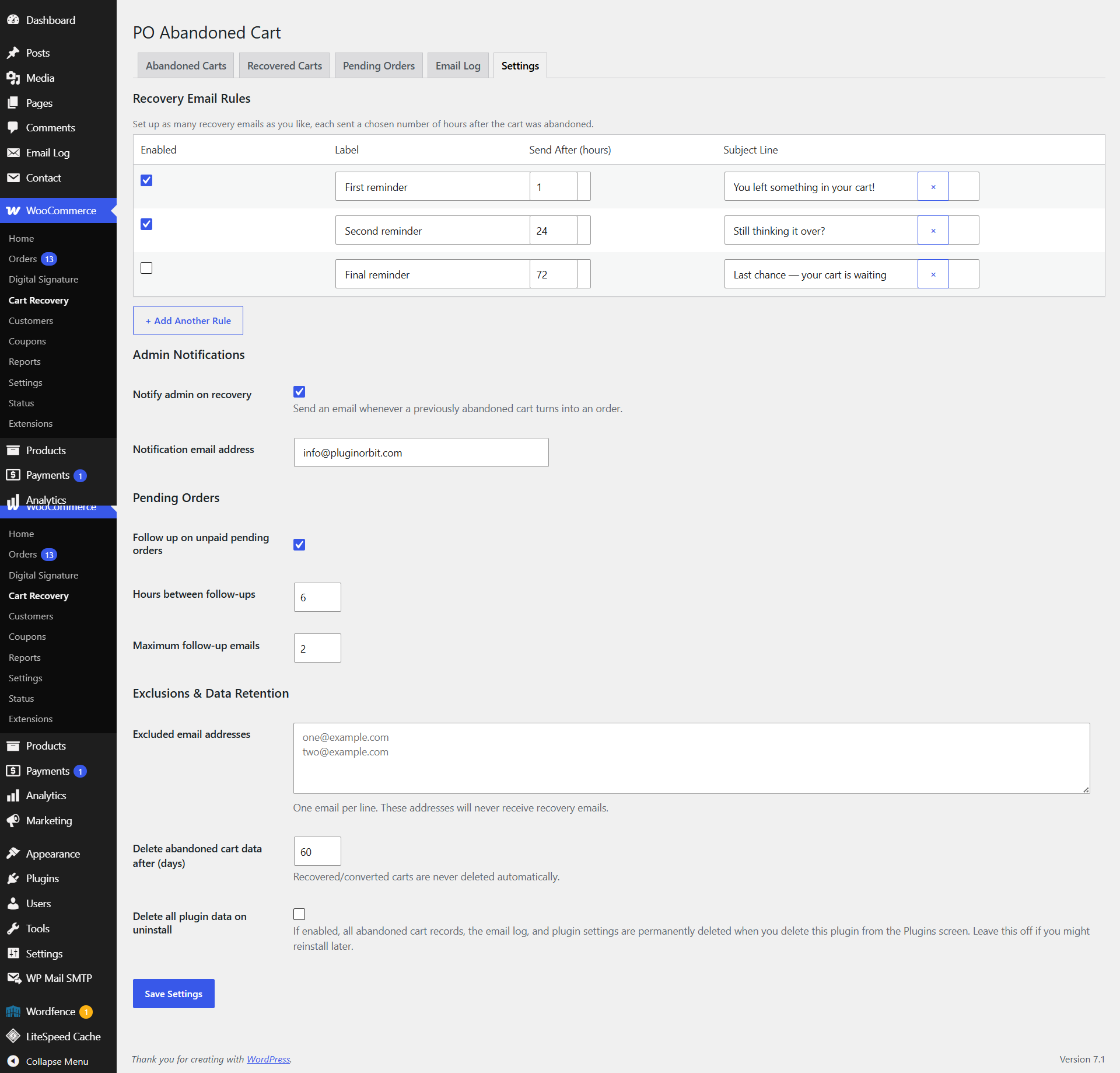 Settings tab: unlimited email rules, admin notifications, pending order settings, exclusions, and data retention.