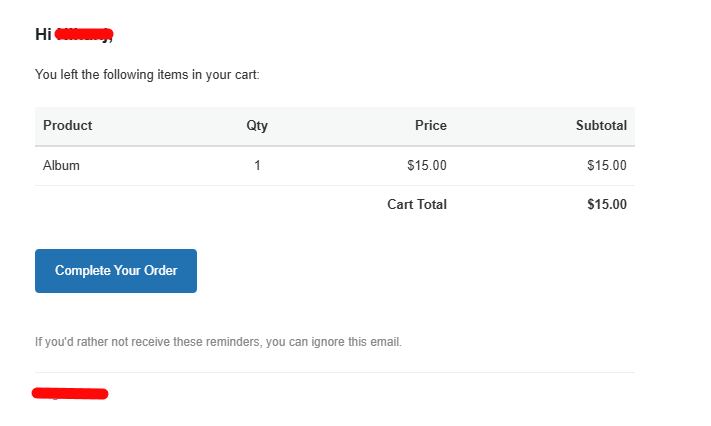 Example recovery email received by the customer, showing the full itemized cart table and restore button.