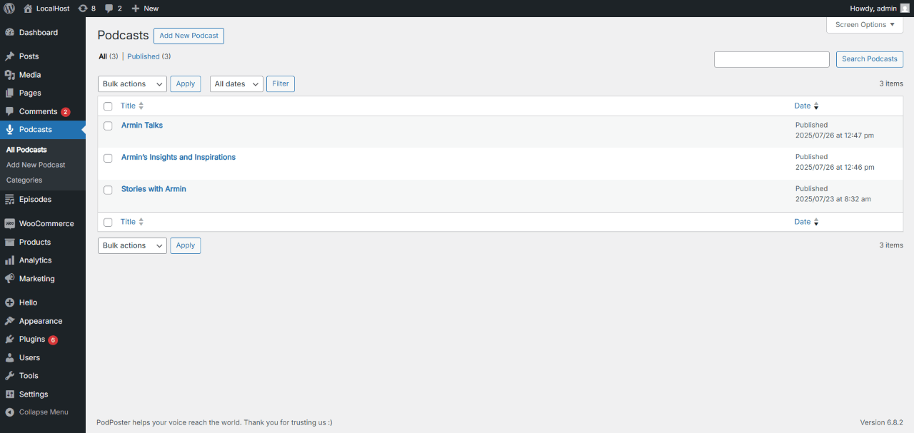 Podcast list page in the WordPress admin dashboard showing all episodes.